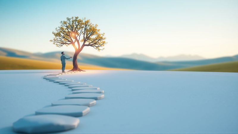Una figura tranquila camina hacia un árbol