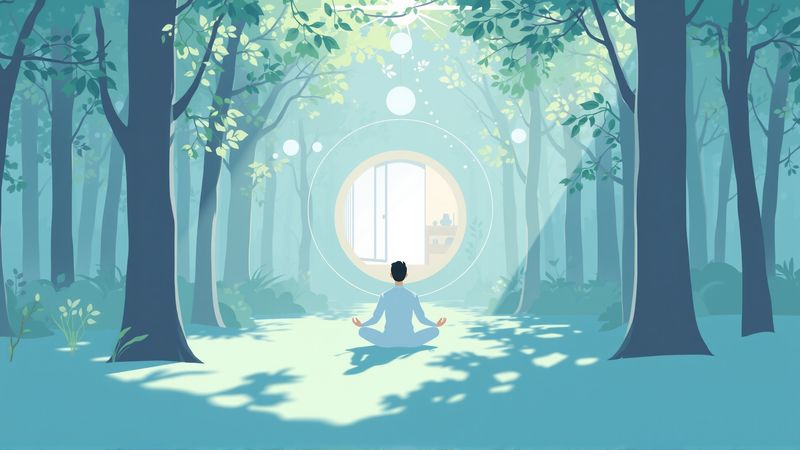 Meditación serena en bosque estilizado y pacífico